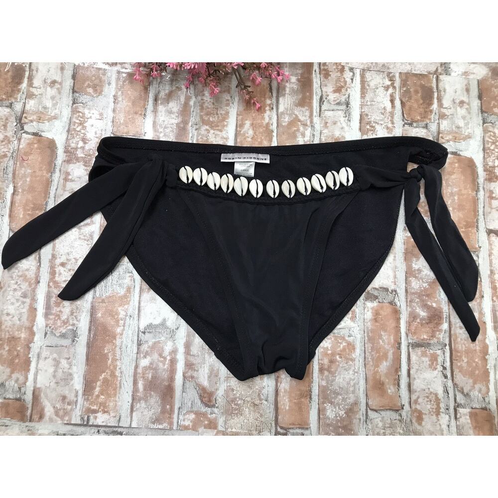 Robin Piccone Women's Sea Shell Detail Swim Bikini Bottom Solid Black Size Large